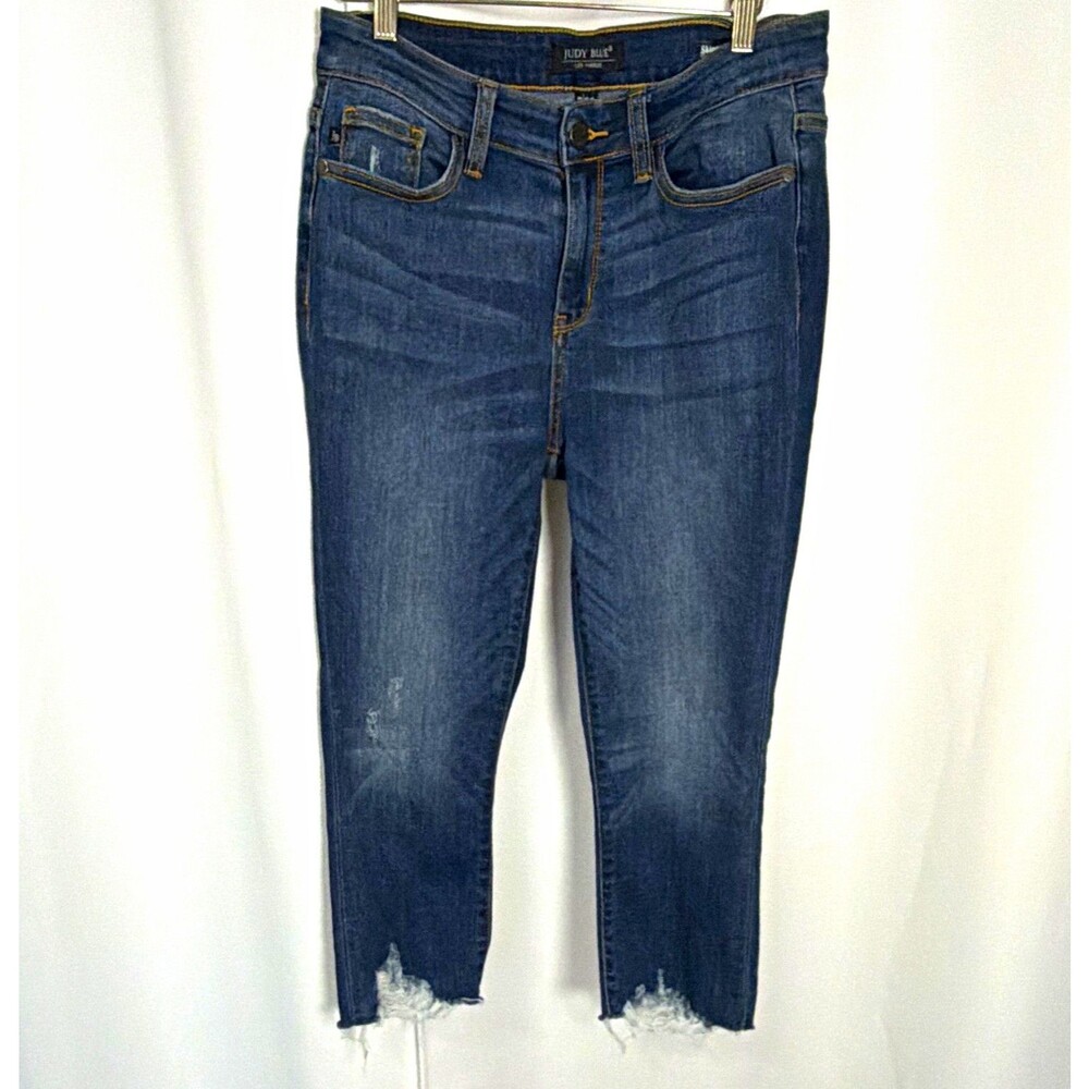 Judy Blue Jeans Womens Los Angeles Skinny Mid Rise Dark Wash Distressed Capri